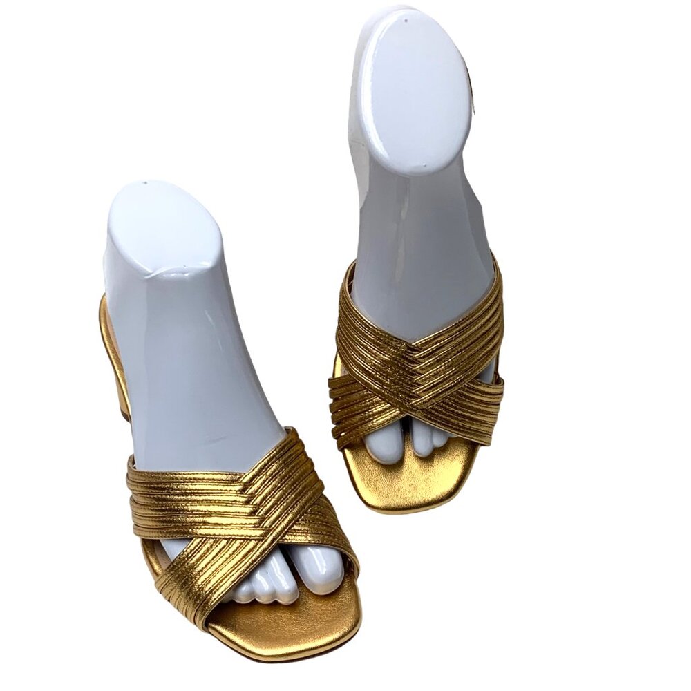 Via Spiga Rafaela Gold‎ Leather Block Heel Slide Sandals  NWOB